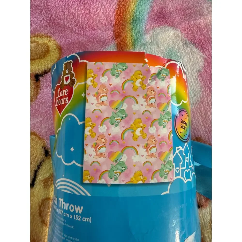Care Bears Plush Throw Blanket 46x60 Pink Rainbow Hearts Super Soft NWT Franco